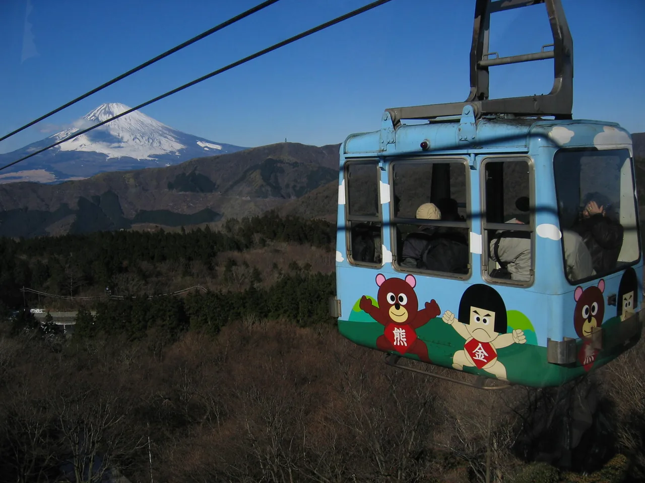 The Hakone Ropeway gondola above Owakudani with Mt Fuji