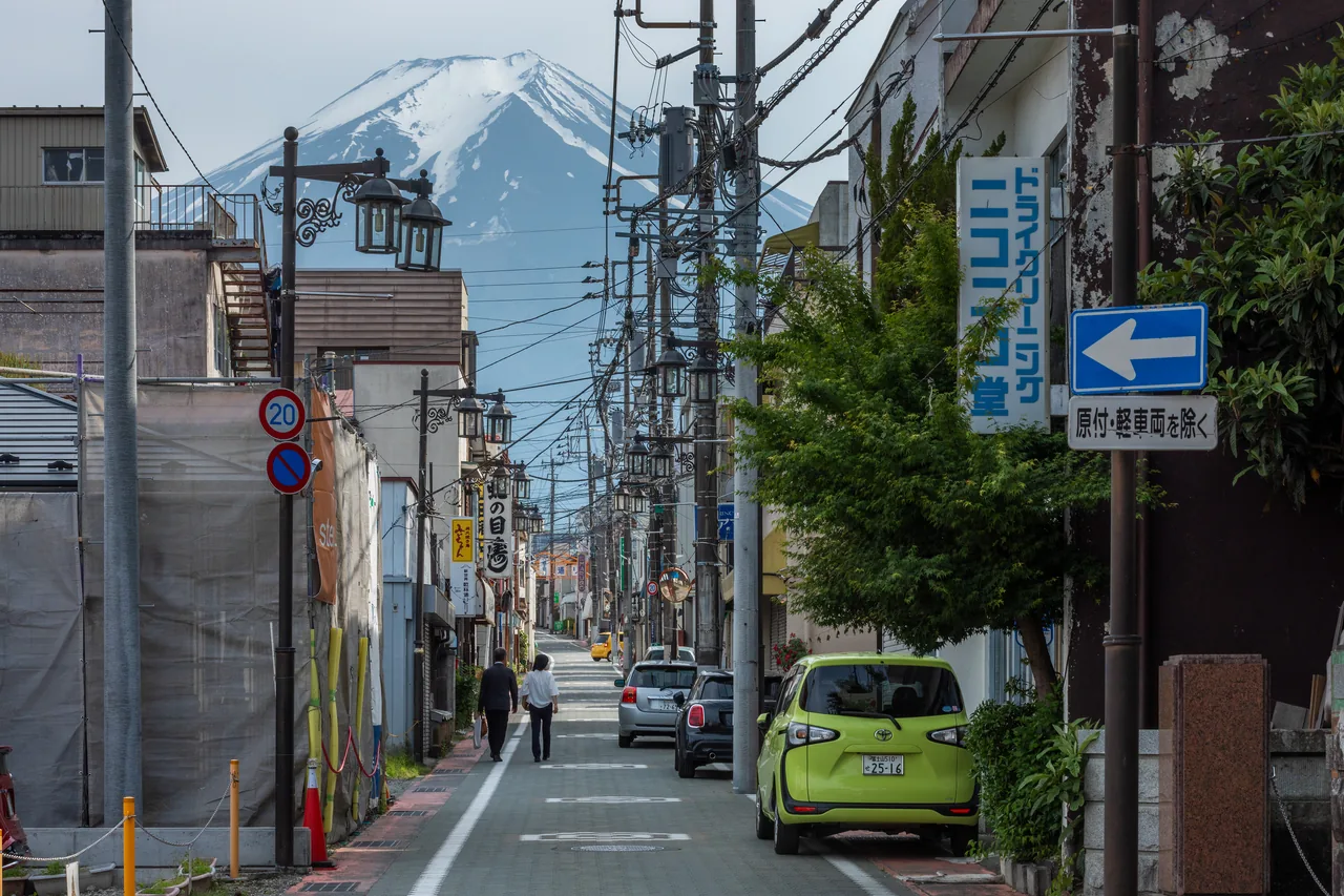 Mt Fuji at the end of Honcho Street in Fujiyoshida