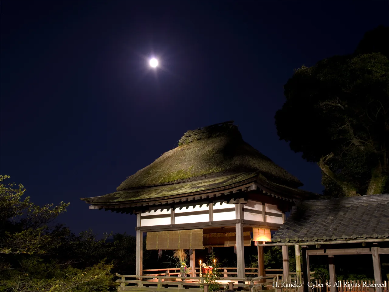 The harvest moon rising over Ishiyama-dera temple during a tsukimi moon-viewing in late September