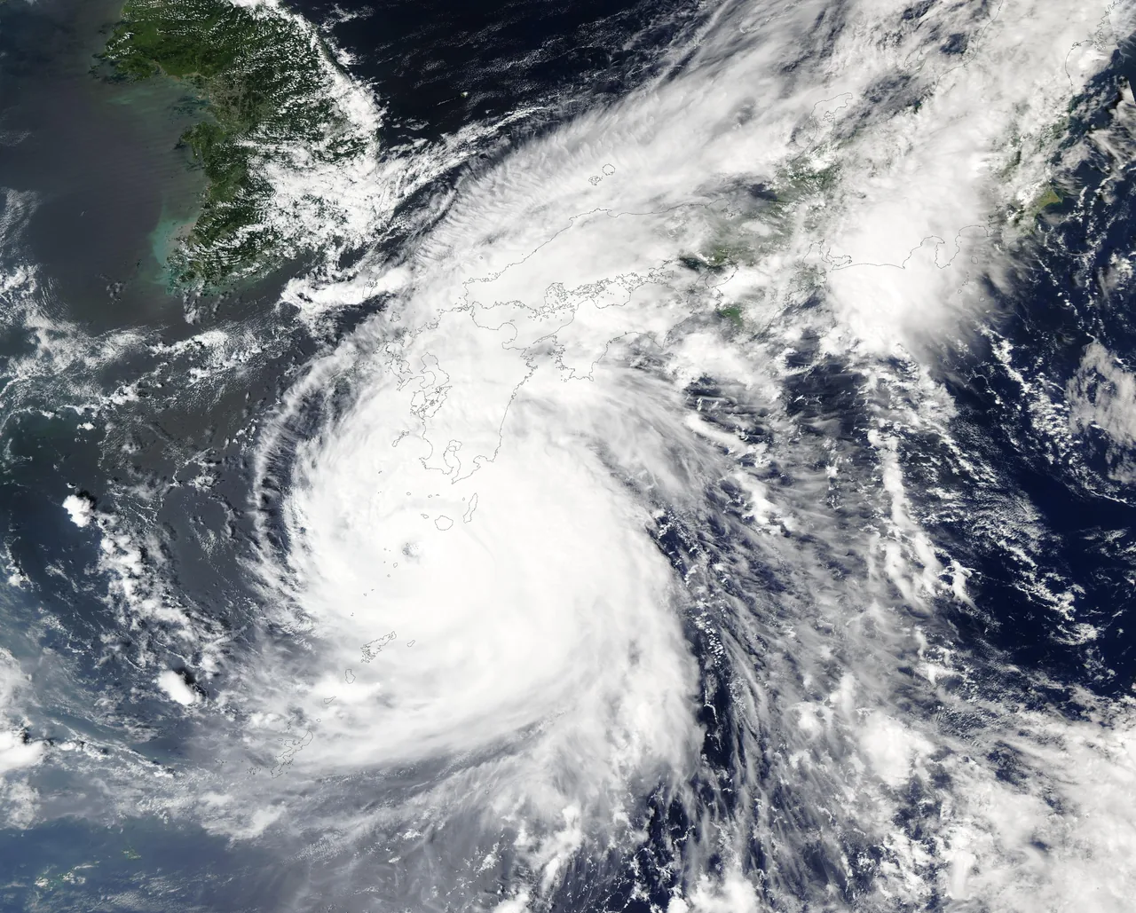 Satellite view of a large typhoon swirling over the Japanese archipelago