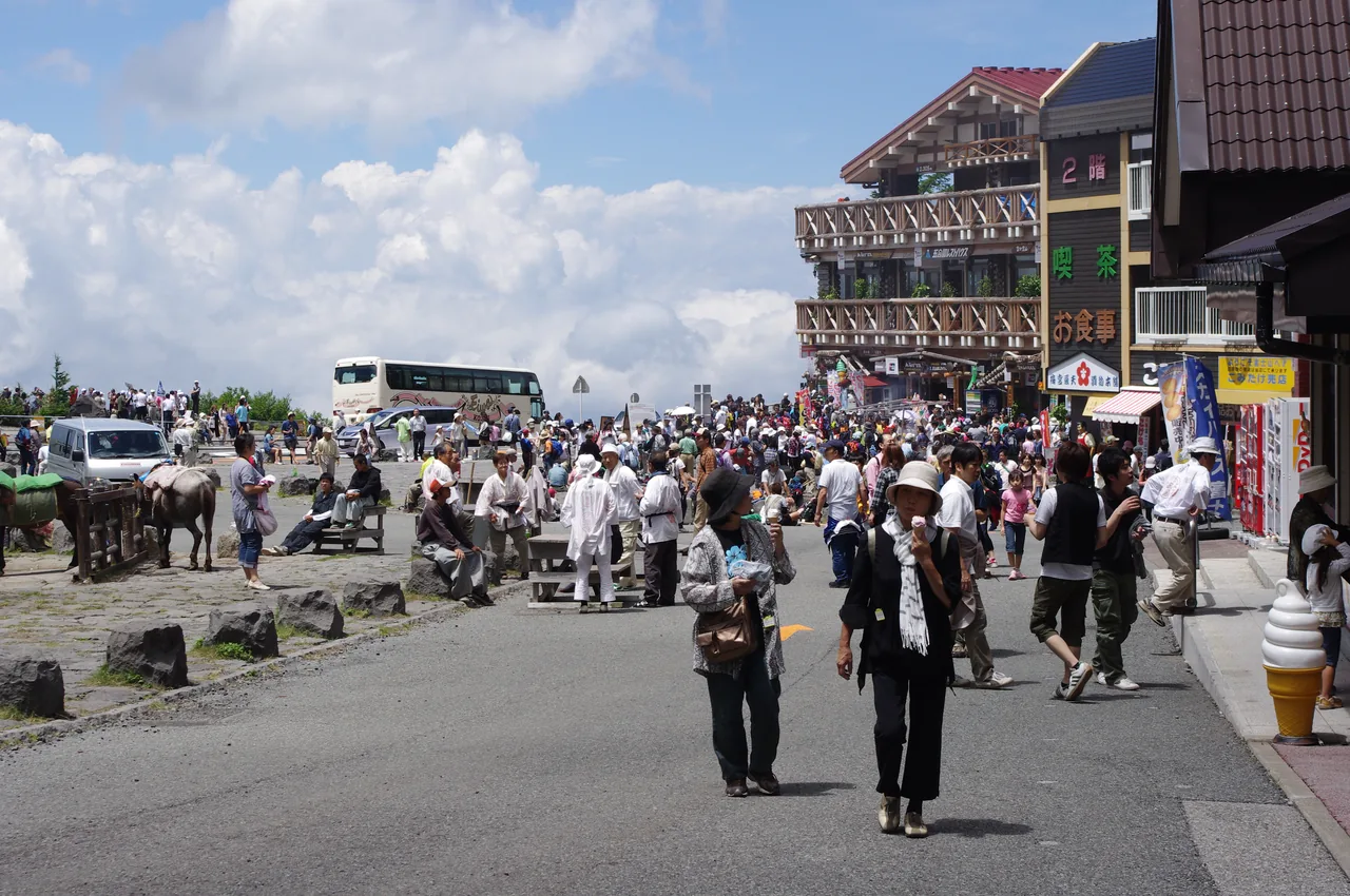 The Fuji Subaru Line 5th Station at 2,300 m — buses, shops, noodle stalls and the Yoshida trailhead, where most climbs b
