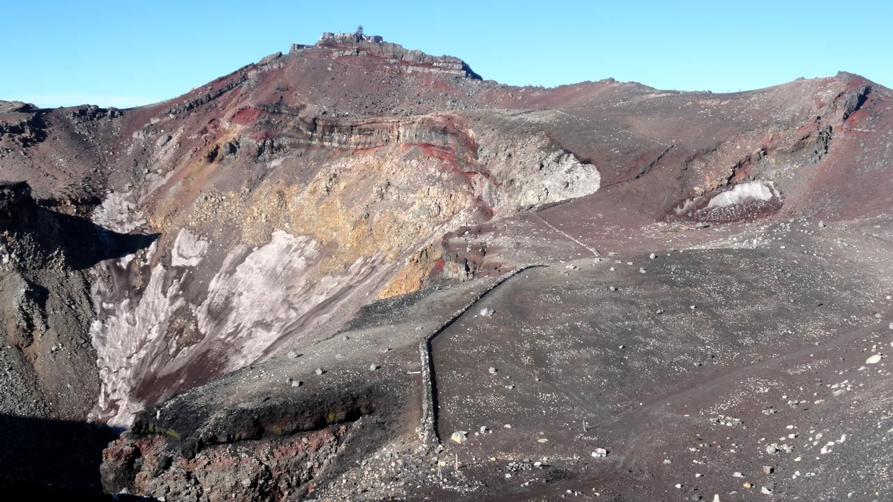 The reward at the top: the red-and-ochre volcanic crater at 3,776 m, ringed by the Ohachi-meguri rim loop that takes abo