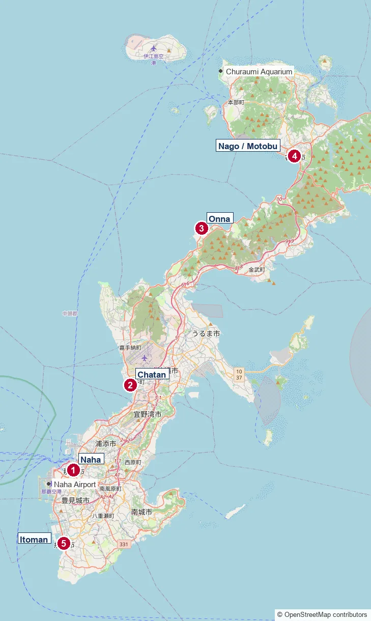 Map of Okinawa's five accommodation areas