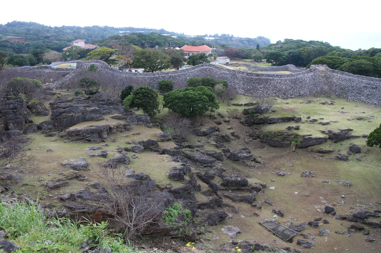 Curving coral-stone walls of Nakijin Castle ruins, northern Okinawa
