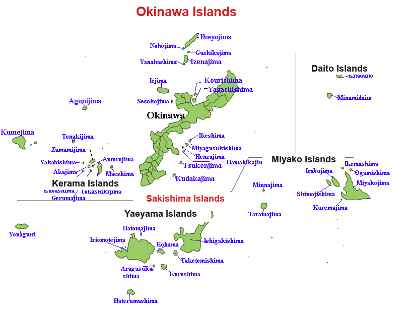 Map of Okinawa Prefecture — main island, Kerama, Miyako and Yaeyama island groups