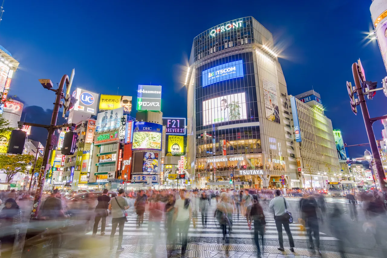 The Shibuya Scramble Crossing in central Tokyo at night The Shibuya Scramble Crossing in central Tokyo at night