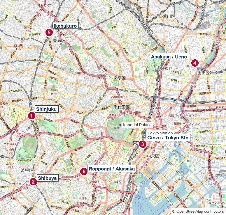 Map of Tokyo's six accommodation areas Map of Tokyo's six accommodation areas