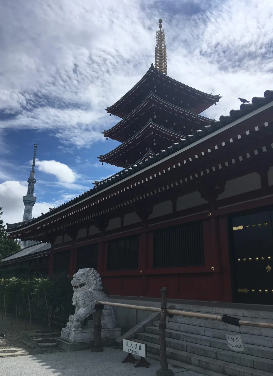Senso-ji temple in Asakusa with Tokyo Skytree behind Senso-ji temple in Asakusa with Tokyo Skytree behind