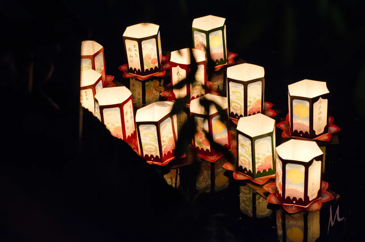 Candle-lit paper lanterns floating on the river at a Tokyo Toro Nagashi ceremony