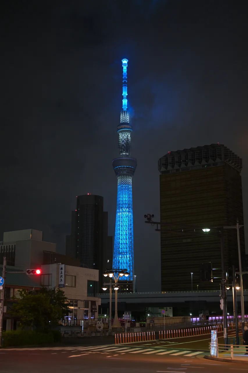 Tokyo Skytree illuminated at night, seen from near Asakusa Tokyo Skytree illuminated at night, seen from near Asakusa