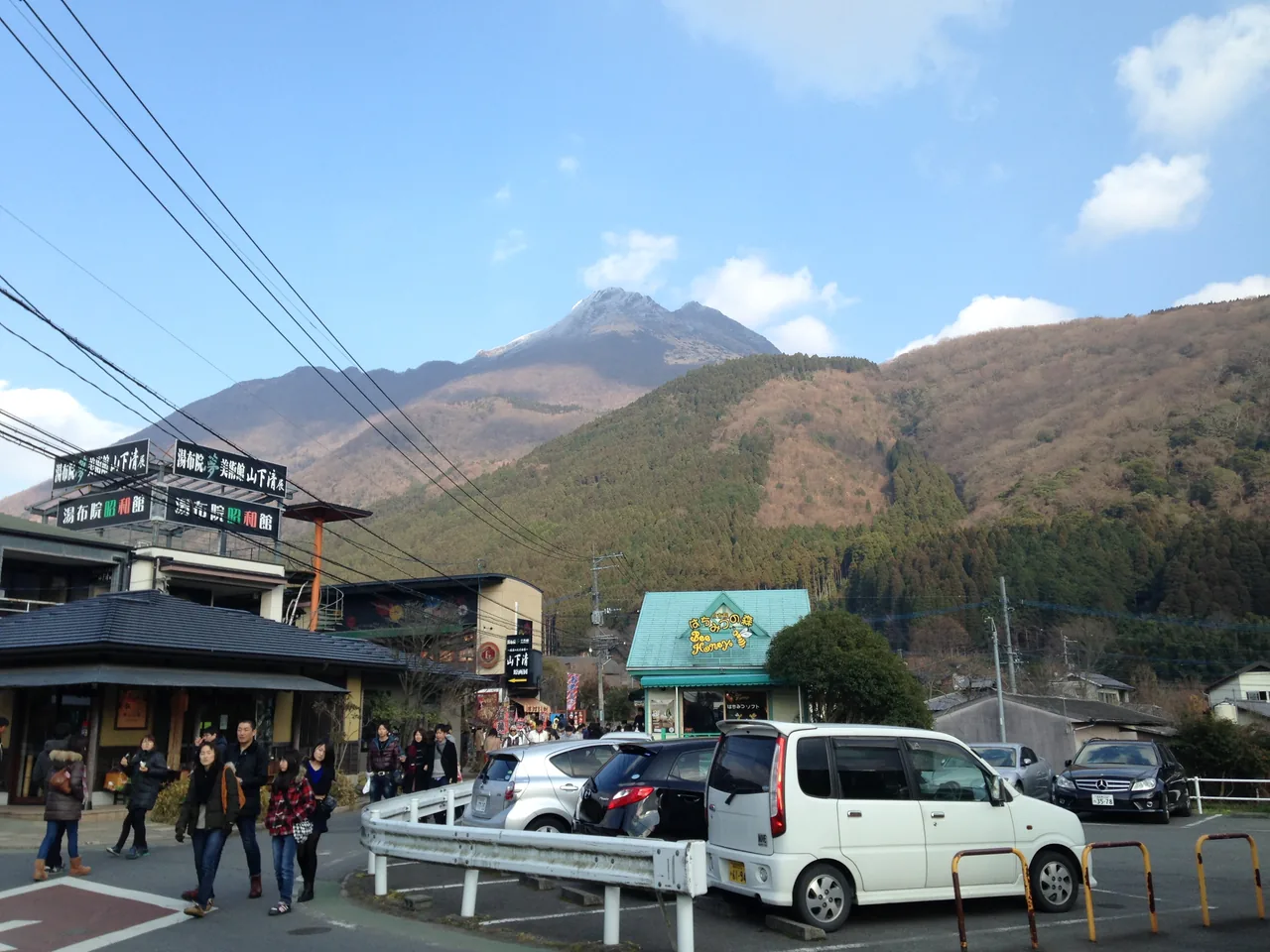 Mount Yufu rising above the shops of Yufuin