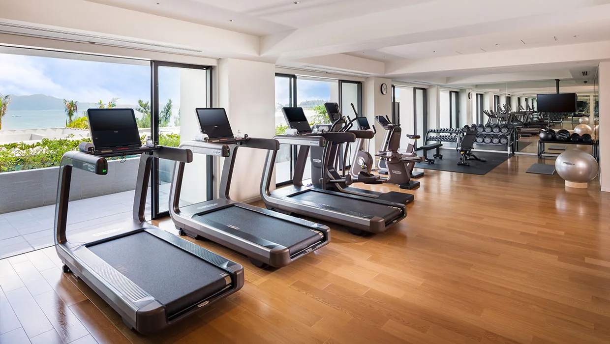 The 24-hour fitness centre with sea views at Halekulani Okinawa