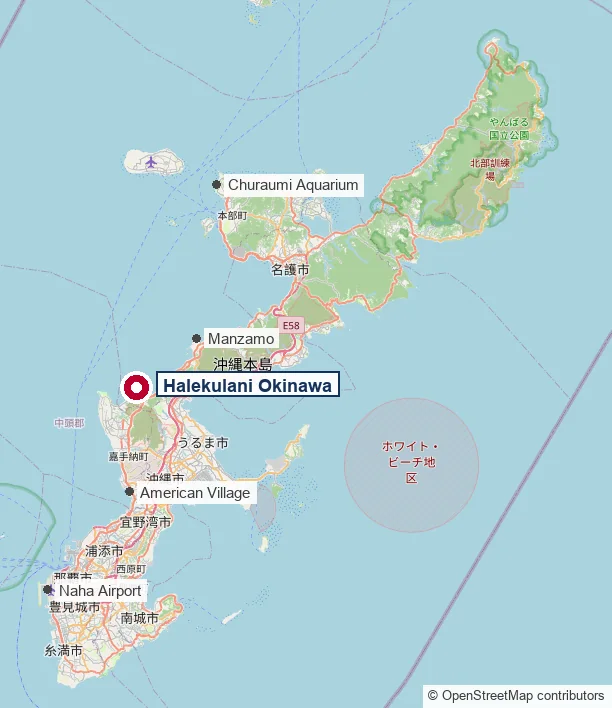 Map showing Halekulani Okinawa on Okinawa's west coast in Onna, between Naha Airport and Churaumi Aquarium