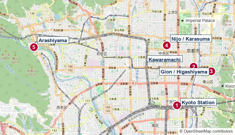 Map of Kyoto's five accommodation areas Map of Kyoto's five accommodation areas