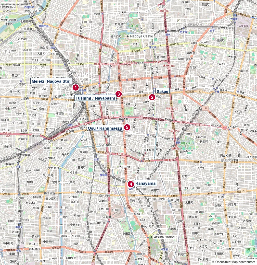 Map of Nagoya's six accommodation areas