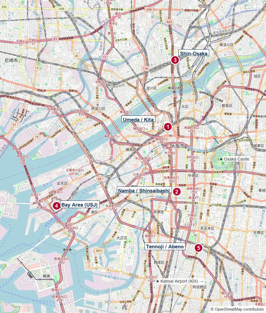 Map of Osaka's five accommodation areas Map of Osaka's five accommodation areas