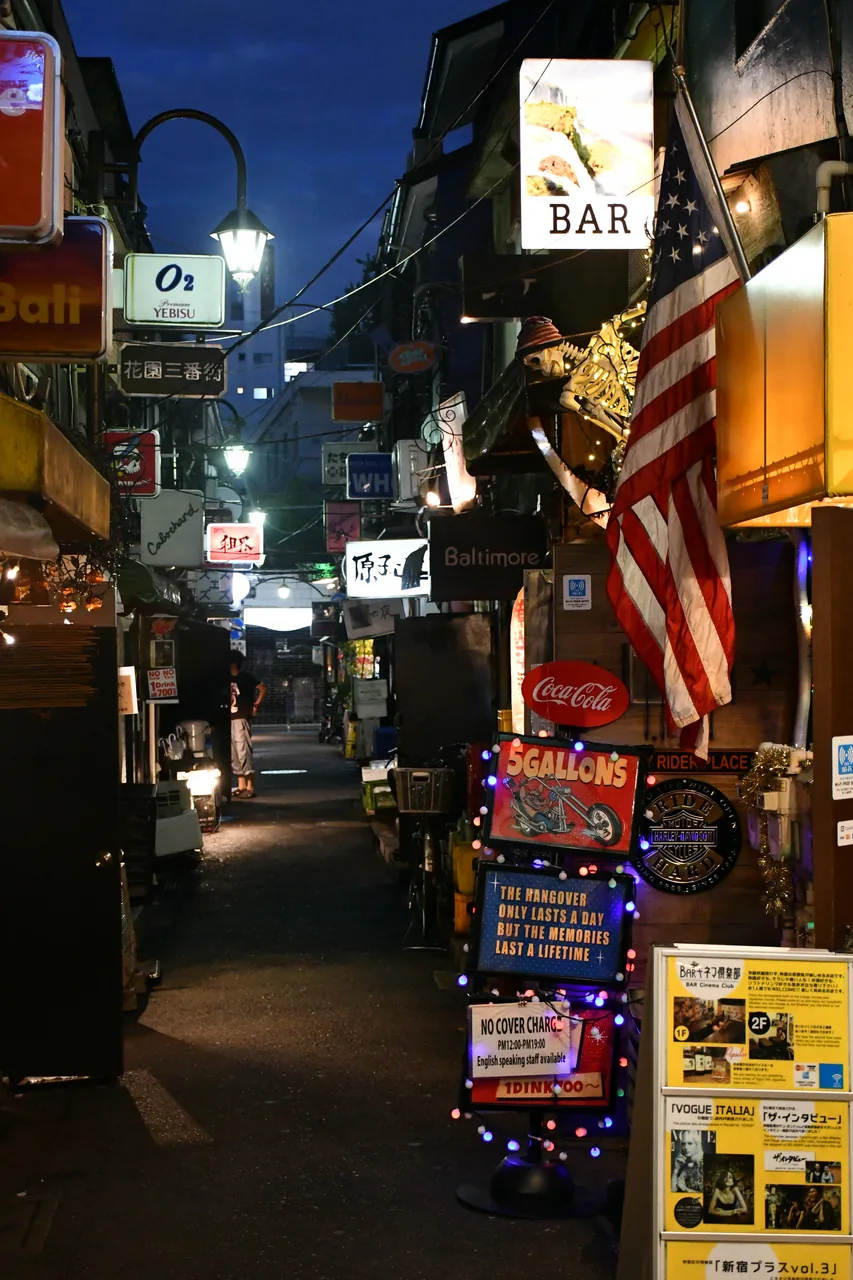 A narrow alley lined with tiny bars in Golden Gai, Shinjuku