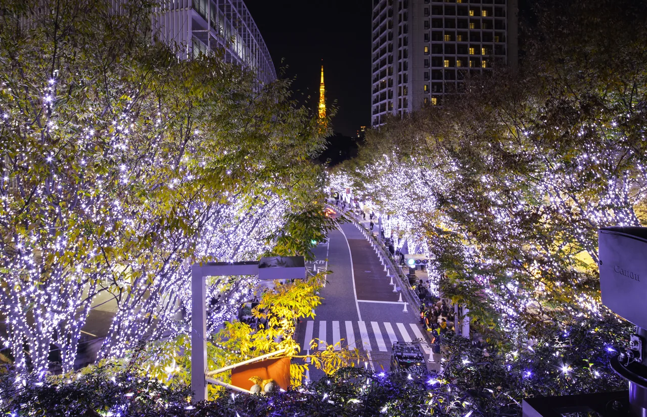 Rows of lights along the sloping road of Keyakizaka, with Tokyo Tower at the far end
