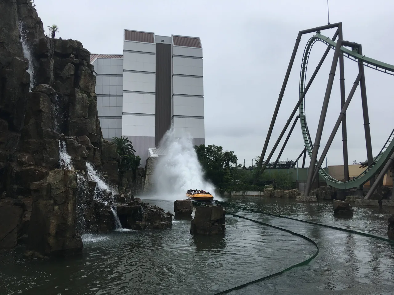 A boat splashing down the finale drop of Jurassic Park The Ride at Universal Studios Japan A boat splashing down the finale drop of Jurassic Park The Ride at Universal Studios Japan