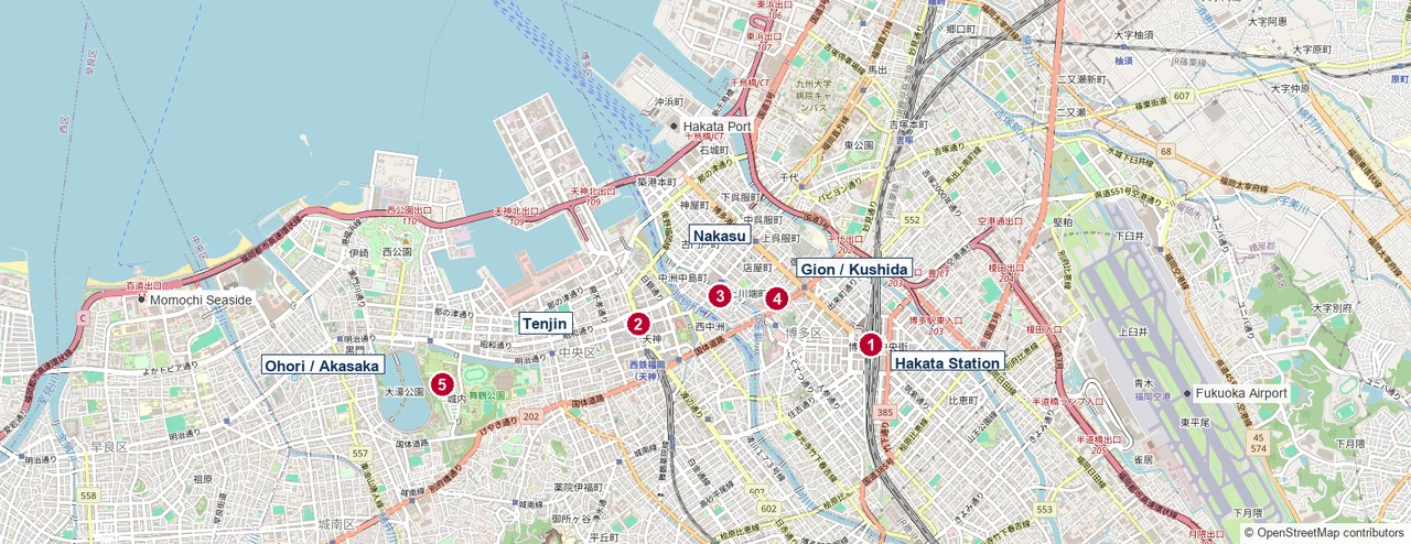 Street map of central Fukuoka with five numbered pins marking Hakata Station, Tenjin, Nakasu, Gion and Kushida, and Ohori and Akasaka, plus unpinned reference labels for Fukuoka Airport, Hakata Port and Momochi Seaside, with the airport runway at the right edge.