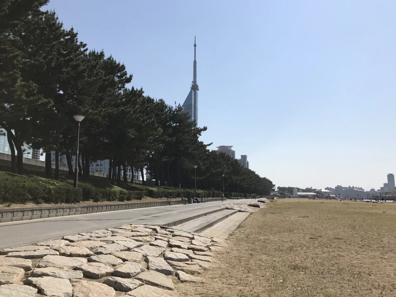 Fukuoka Tower seen from Momochi beach, with pine trees, sand and a clear blue sky.