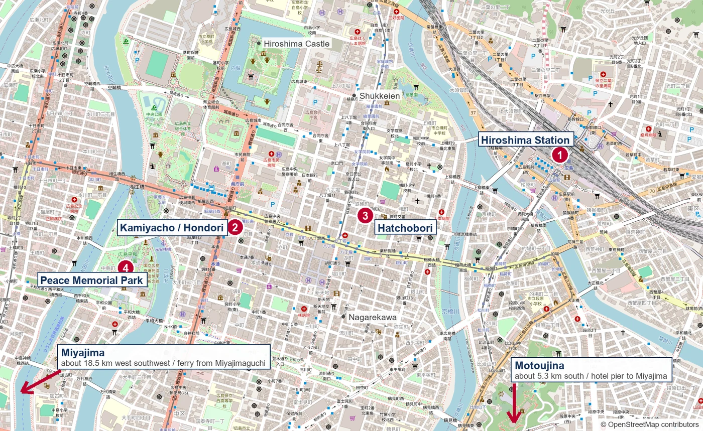 Map showing the main accommodation areas in Hiroshima and Miyajima