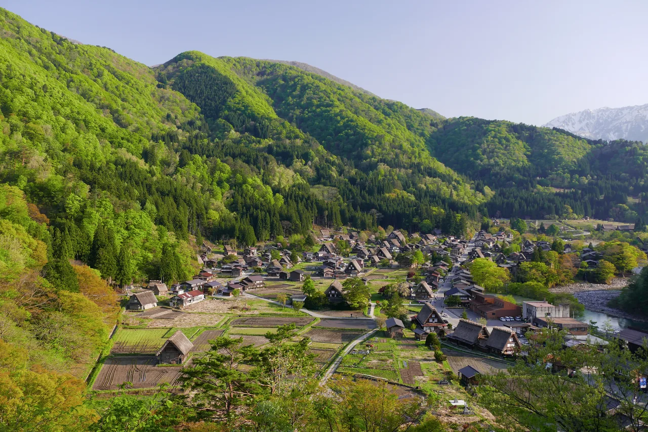 The village of Ogimachi in Shirakawa-go seen from above, thatched roof houses among fields with wooded hills behind