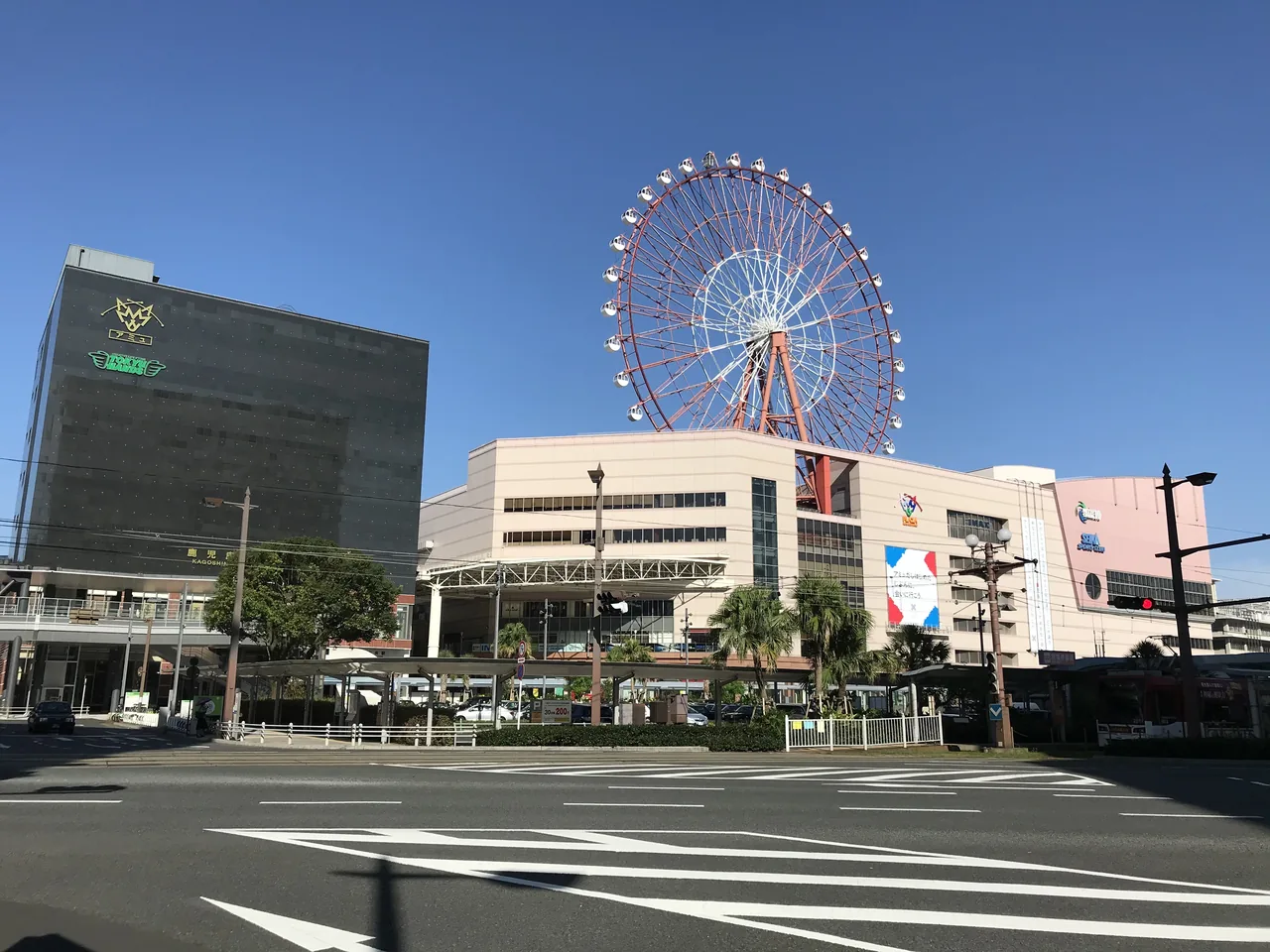 The Kagoshima-Chuo Station building with a ferris wheel on its roof