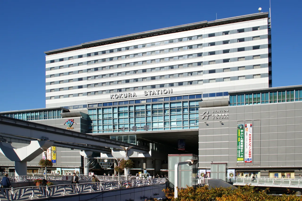 Kokura Station with the monorail track running into the building