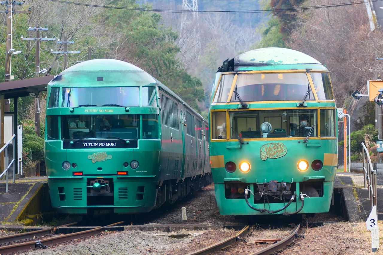 Two green Yufuin no Mori trainsets standing side by side at a platform