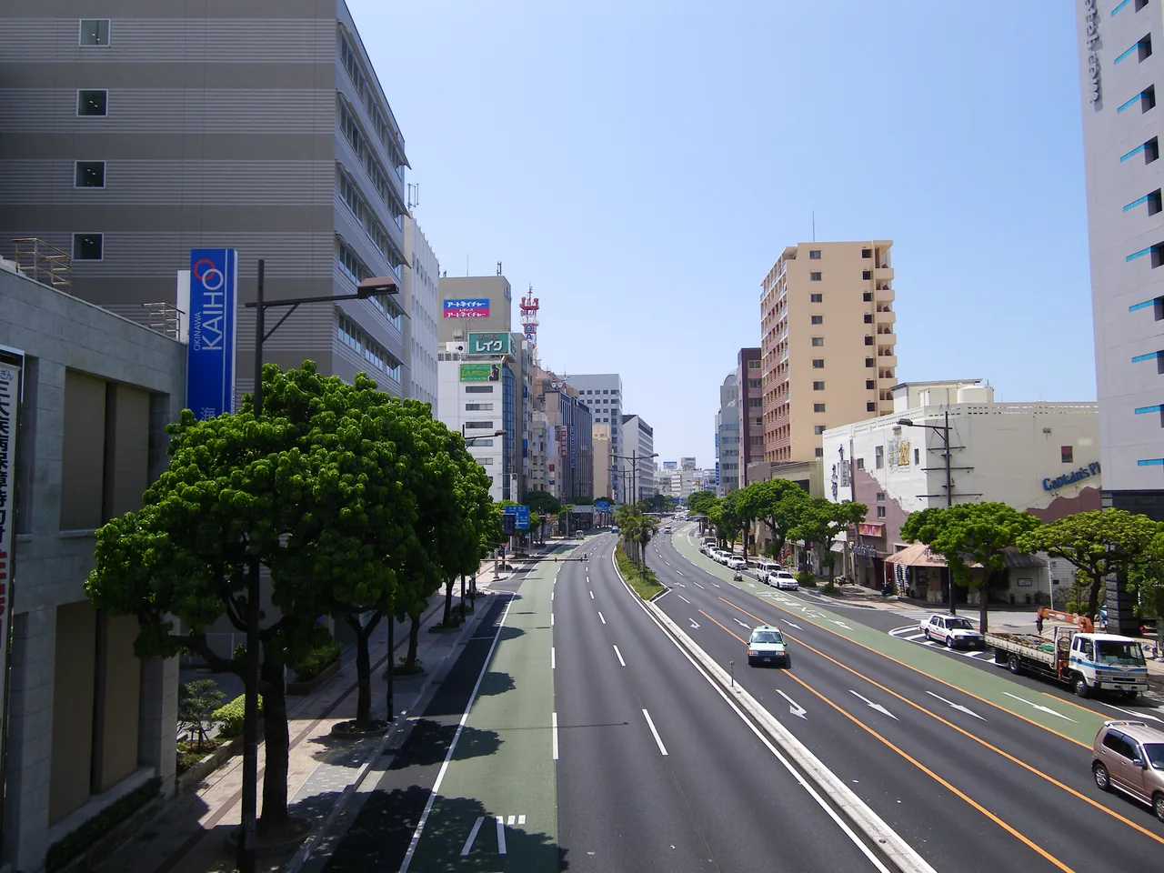 Multiple lanes and traffic signals on Route 58 through central Naha