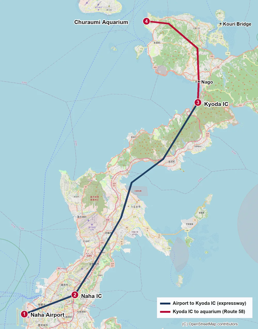 Route map from Naha Airport to Churaumi Aquarium via the Okinawa Expressway and Route 58