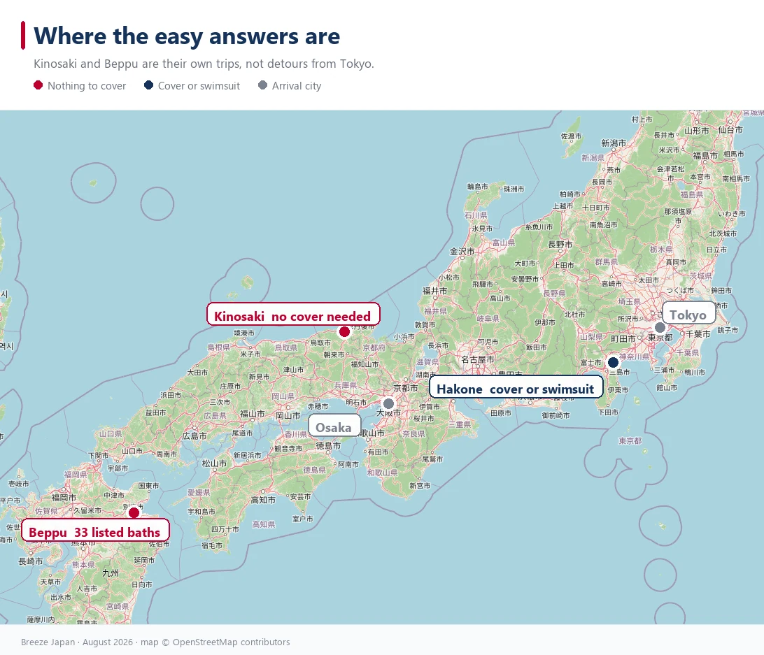 Map of Japan marking tattoo-friendly onsen options: Kinosaki in Hyogo and Beppu in Oita where nothing needs covering, Hakone where a cover or swimsuit is required, with Tokyo and Osaka shown for distance Map of Japan marking tattoo-friendly onsen options: Kinosaki in Hyogo and Beppu in Oita where nothing needs covering, Hakone where a cover or swimsuit is required, with Tokyo and Osaka shown for distance