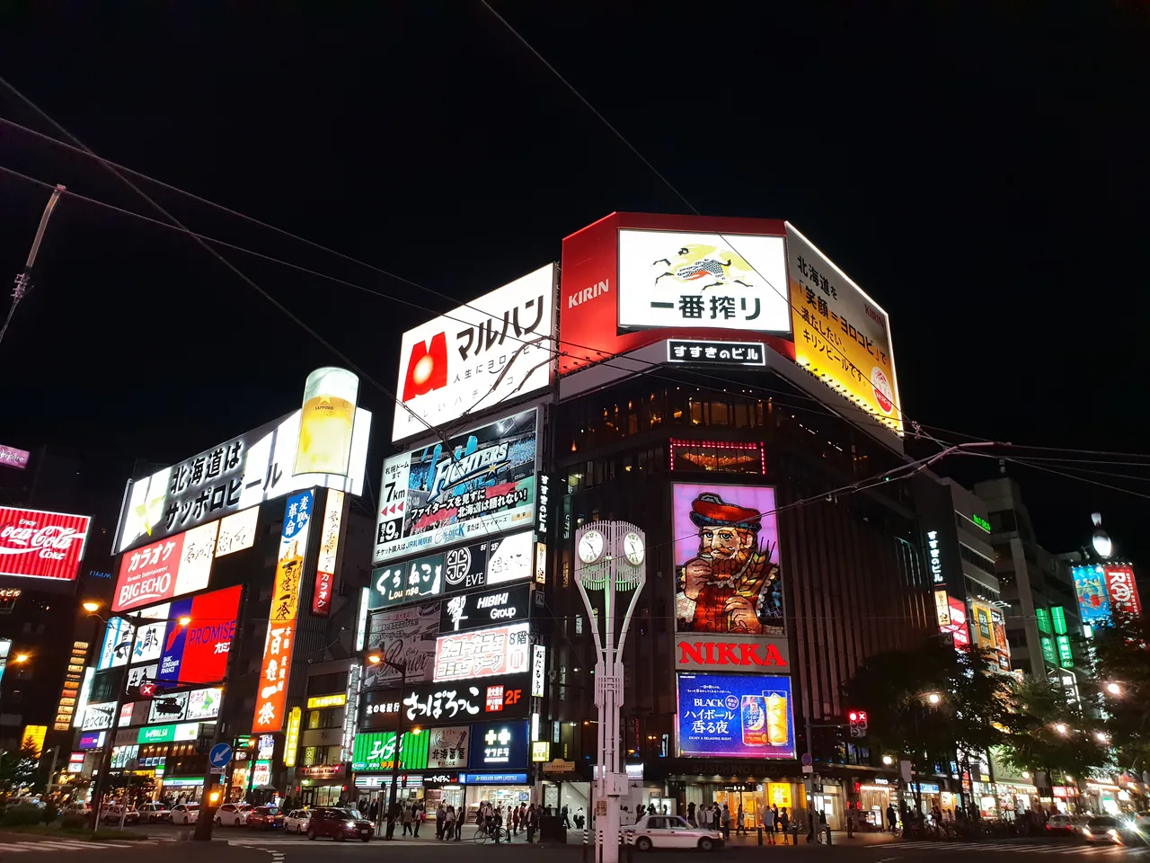 Neon signs filling the Susukino crossing in central Sapporo after dark