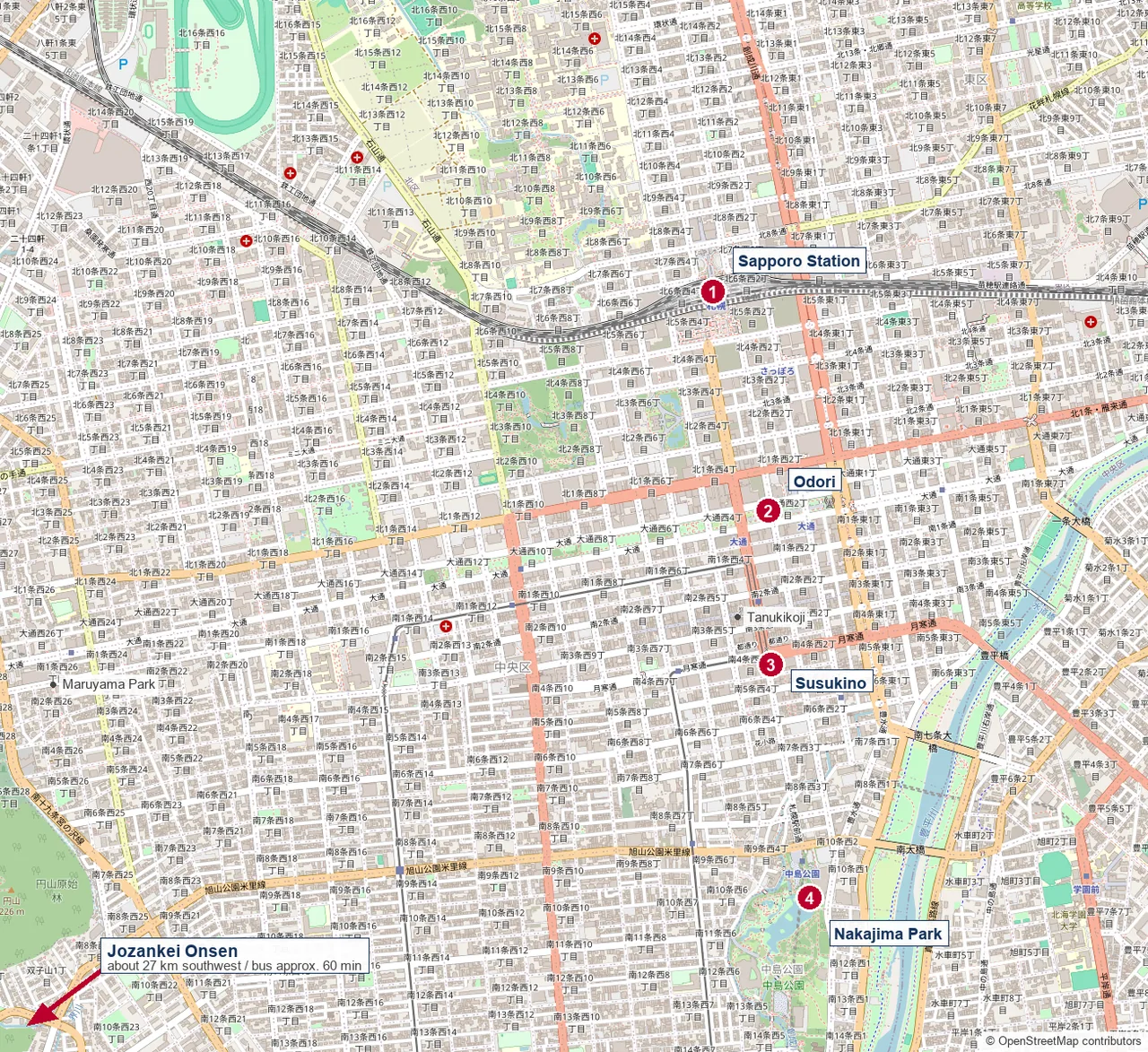A schematic map of central Sapporo showing the Namboku, Tozai and Toho subway lines and the main accommodation zones.