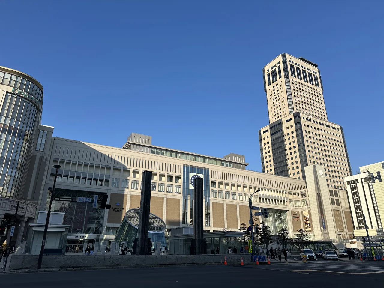The JR Sapporo Station complex, with the station building and the adjoining department store towers.