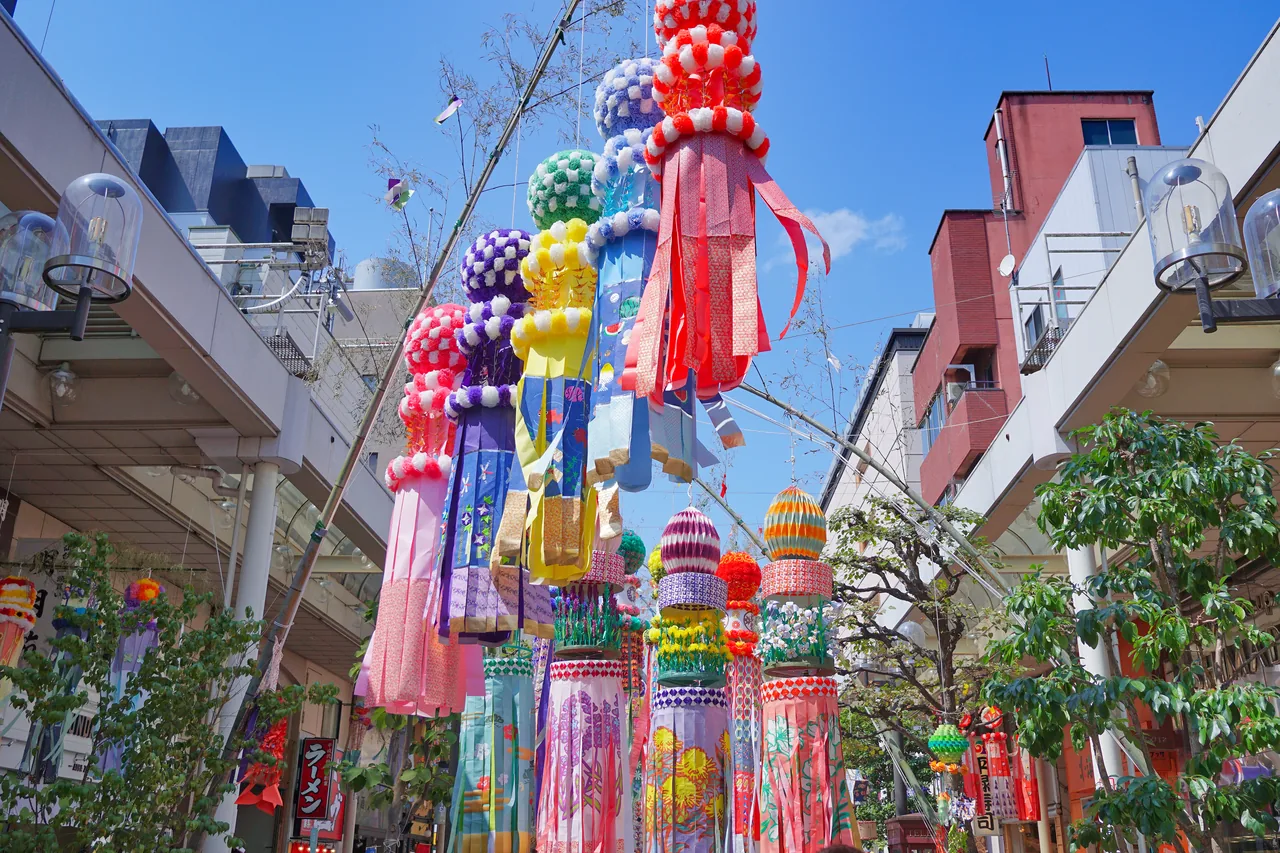 Coloured paper streamers of the Sendai Tanabata Festival hanging from an arcade roof