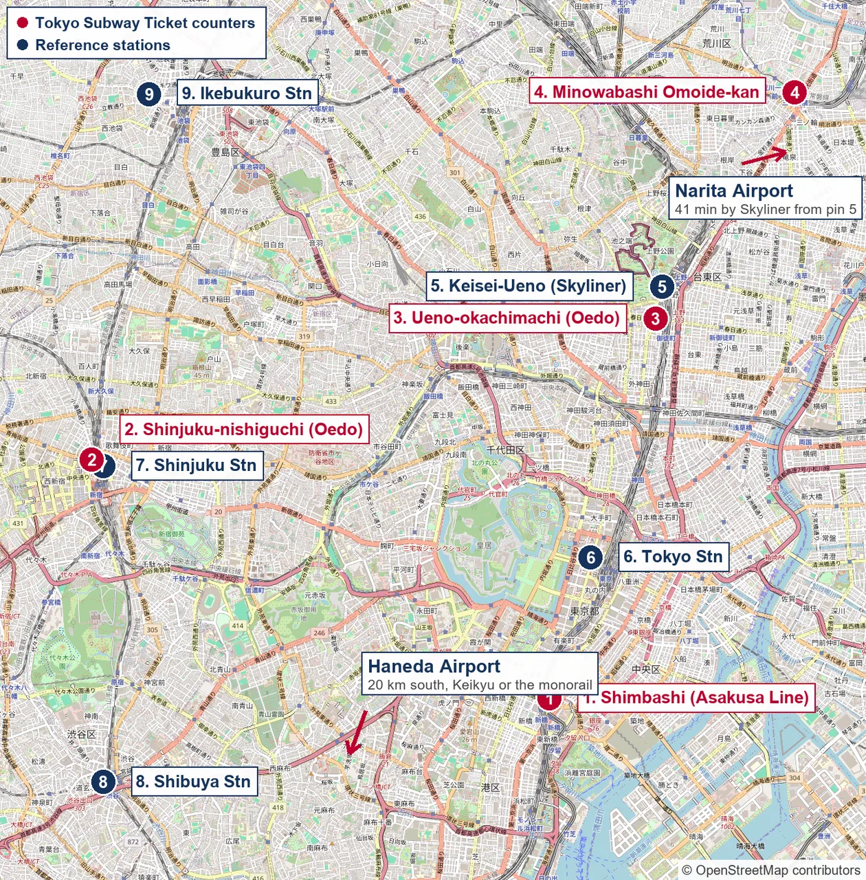 Map of central Tokyo with four red pins marking the Toei counters that sell the Tokyo Subway Ticket and five navy pins marking major stations
