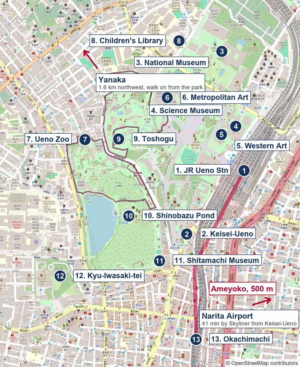 Map of Ueno with thirteen numbered pins, the park venues clustered west and north of the station and a red line running 500 metres south along Ameyoko to Okachimachi