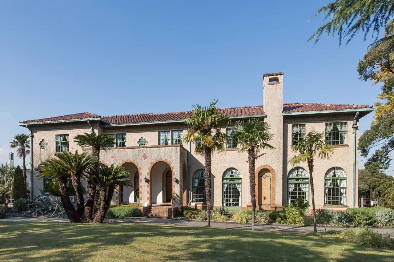 Berrick Hall on the Yamate bluff, a pale Western house with arched openings and palm trees on the lawn