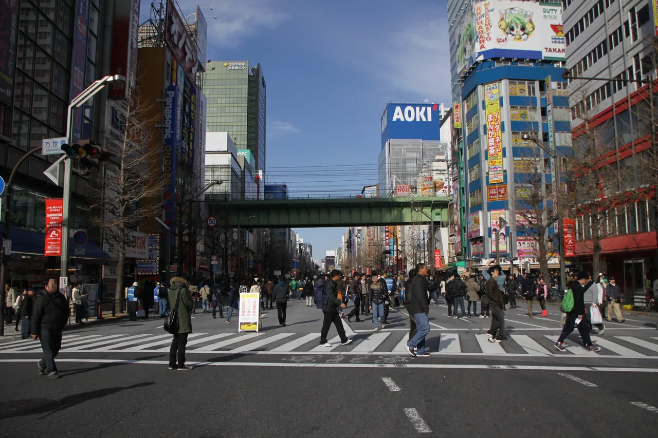 People walking on the roadway of a closed-off avenue in Akihabara People walking on the roadway of a closed-off avenue in Akihabara