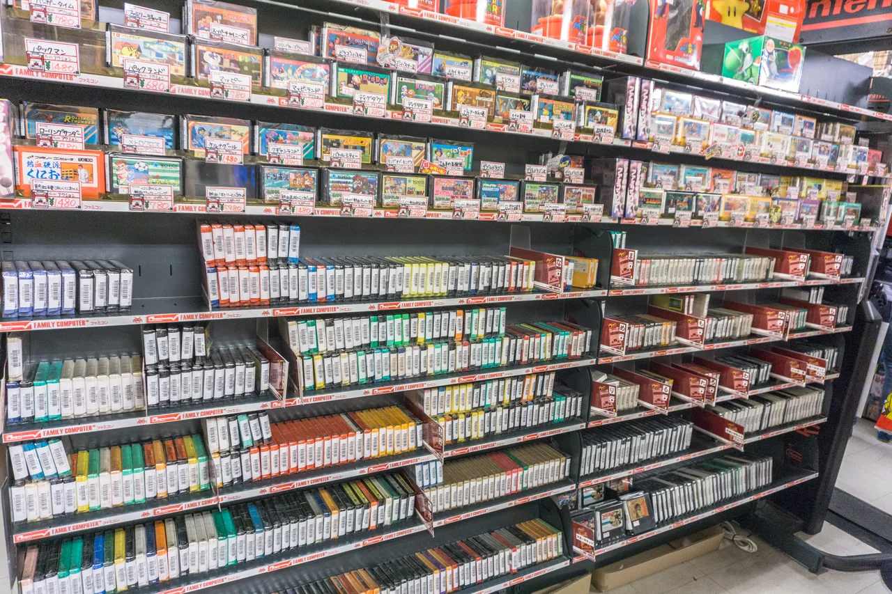 Shelves of boxed retro video game cartridges in an Akihabara shop Shelves of boxed retro video game cartridges in an Akihabara shop