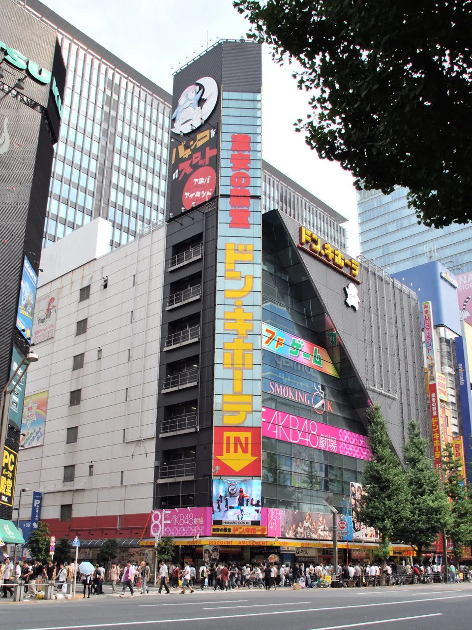 The vertical Don Quijote sign on the side of the Akihabara store building
