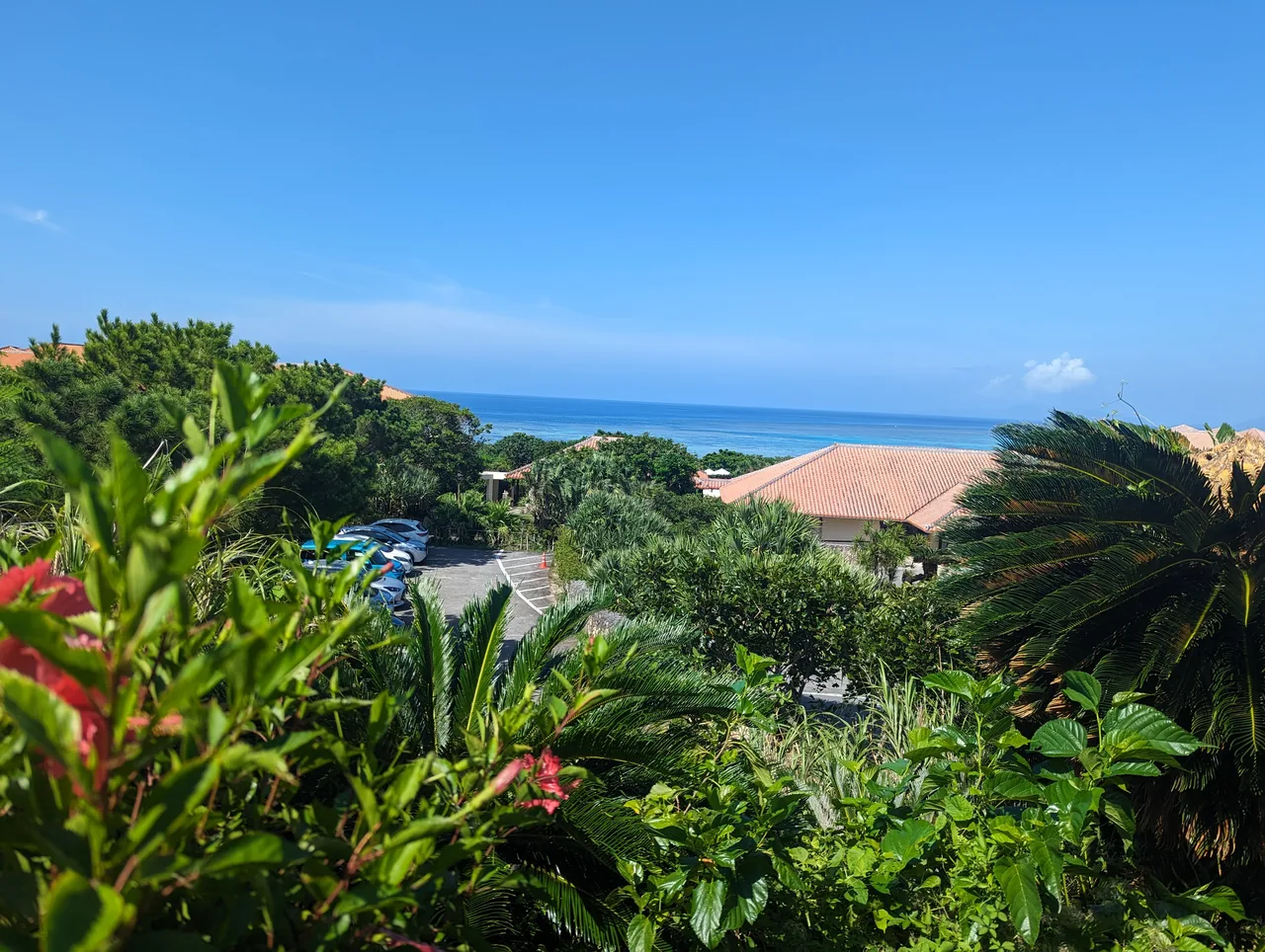 Red tiled roofs among tropical plants with the sea beyond, near the Club Med entrance in Kabira