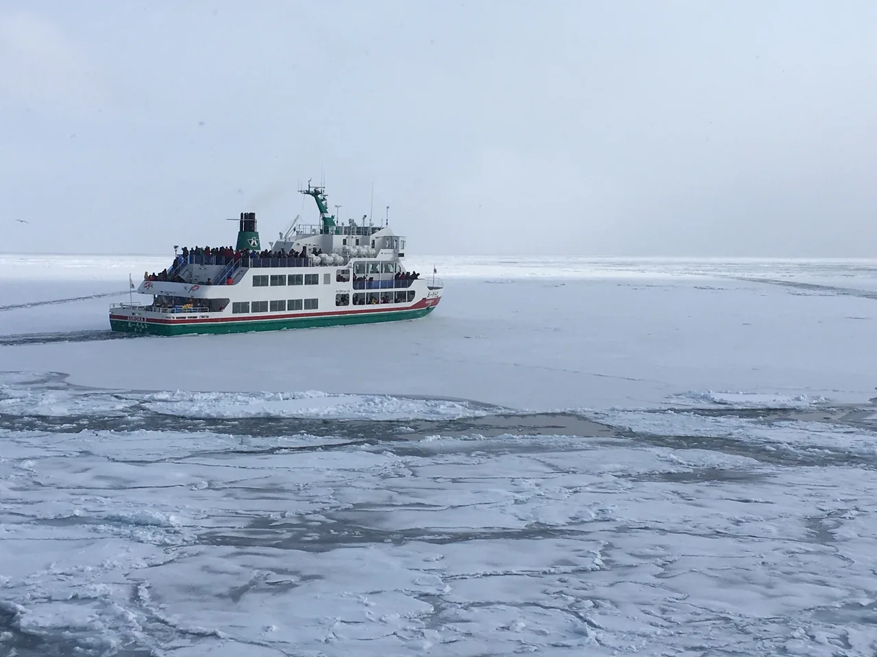 The Aurora sightseeing icebreaker pushing through white drift ice on the Sea of Okhotsk