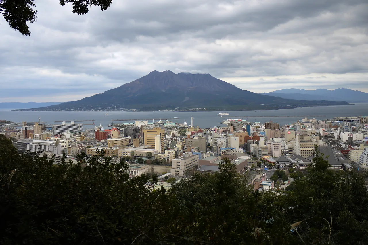 Kagoshima city, the bay and Sakurajima seen from the Shiroyama observation deck through overhanging branches