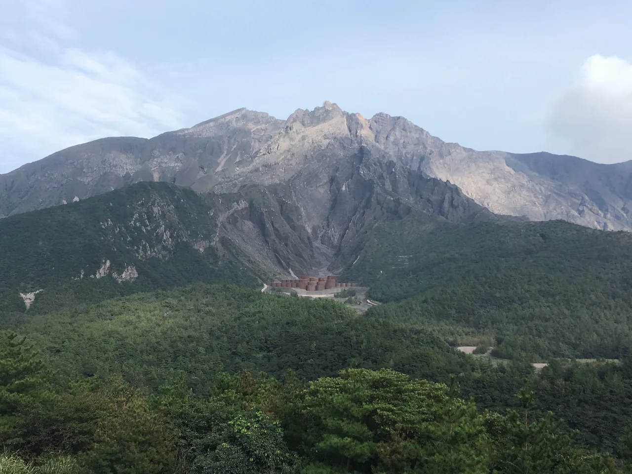 The flank of Sakurajima seen from the Yunohira Observatory, green lower slopes below bare grey rock