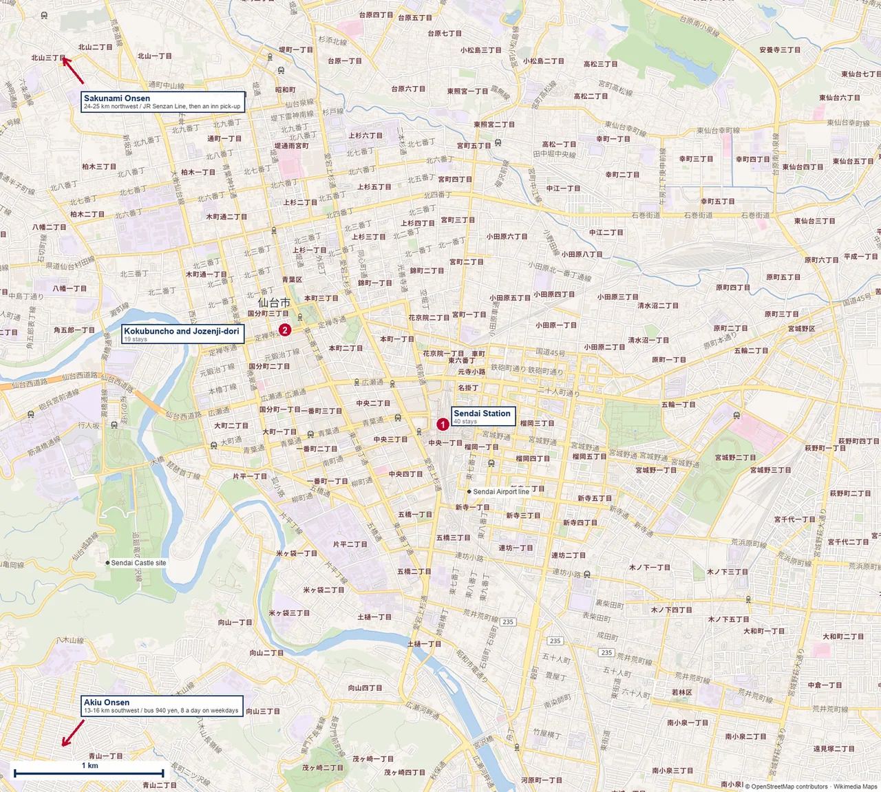 Map of central Sendai marking the station and Kokubuncho, with arrows pointing off the map to Akiu Onsen and Sakunami Onsen