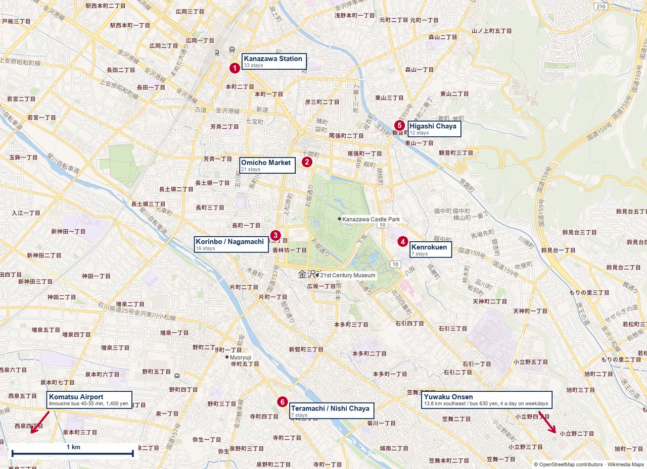Map of central Kanazawa marking the station, Omicho Market, Korinbo, Kenrokuen, Higashi Chaya and Teramachi, with arrows pointing off the map to Yuwaku Onsen and Komatsu Airport