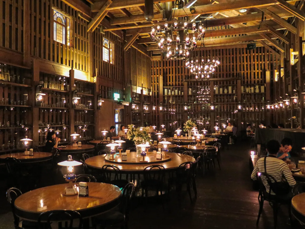 Dark timber interior hung with many oil lamps above tables